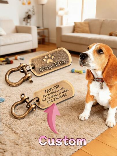 Thẻ tên thú cưng được cá nhân hóa, tùy chỉnh, chắc chắn và bền bỉ, khắc laser dễ đọc, được chế tác tỉ mỉ từ đồng thau dày. Thẻ nhận dạng thú cưng.