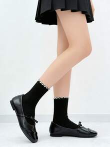 1/2 paires de chaussettes mi-mollet polyvalentes pour le printemps/été, style fille minimaliste avec bordure à volants et couleurs contrastées - Multicolore - Voir 8