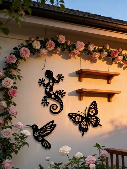 Metal Wall Art Lizard Hummingbird Butterfly Set - Spring Garden Decor For Outdoor Patio, Porch & Bedroom Walls