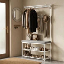 Lislark Heavy-Duty Multi-Functional Metal Shoe Rack With Coat Hanger, Shoe Storage Bench,  Freestanding Clothes Rack With 5 Hooks Suitable For Entryway, Hallway, Small Spaces - Easy To Assemble - White - View 10