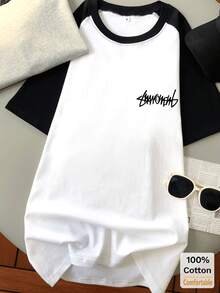 Áo thun tay ngắn raglan dáng lửng bằng cotton in chữ, kiểu dáng thời trang và thanh lịch màu đen trắng. - đen và trắng - Xem 5