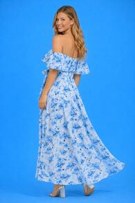 Women's Long Blue Floral Print Dress With Off-The-Shoulder Design, Cape-Effect Ruffled Sleeves, Belted Waist, And Full Flowing Skirt – Ideal For Wedding Guests, Garden Parties, And Evening Events - 淺色水洗藍 - 查看 8