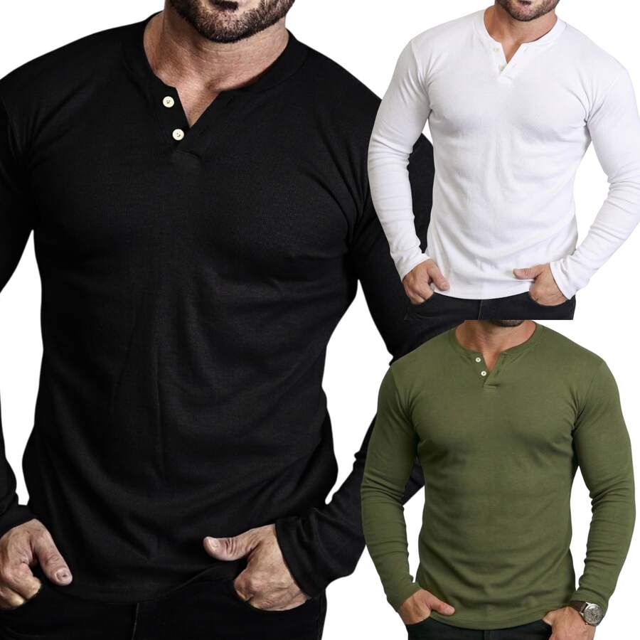 Kit Of 3 Men's Henley T-Shirts, Long Sleeve, 2 Buttons, Slim Fit, Ribbed, J Silver - 黑白,綠色 - 查看 1