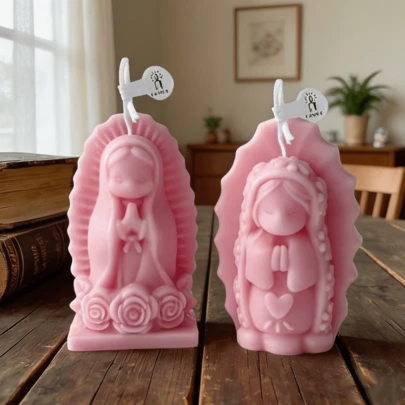 两套可爱圣母玛利亚、心形、玫瑰底座祈祷女孩香氛蜡烛，摄影道具背景，节日家居装饰，家庭聚会，派对礼物，手工模制，4种颜色和香型可选