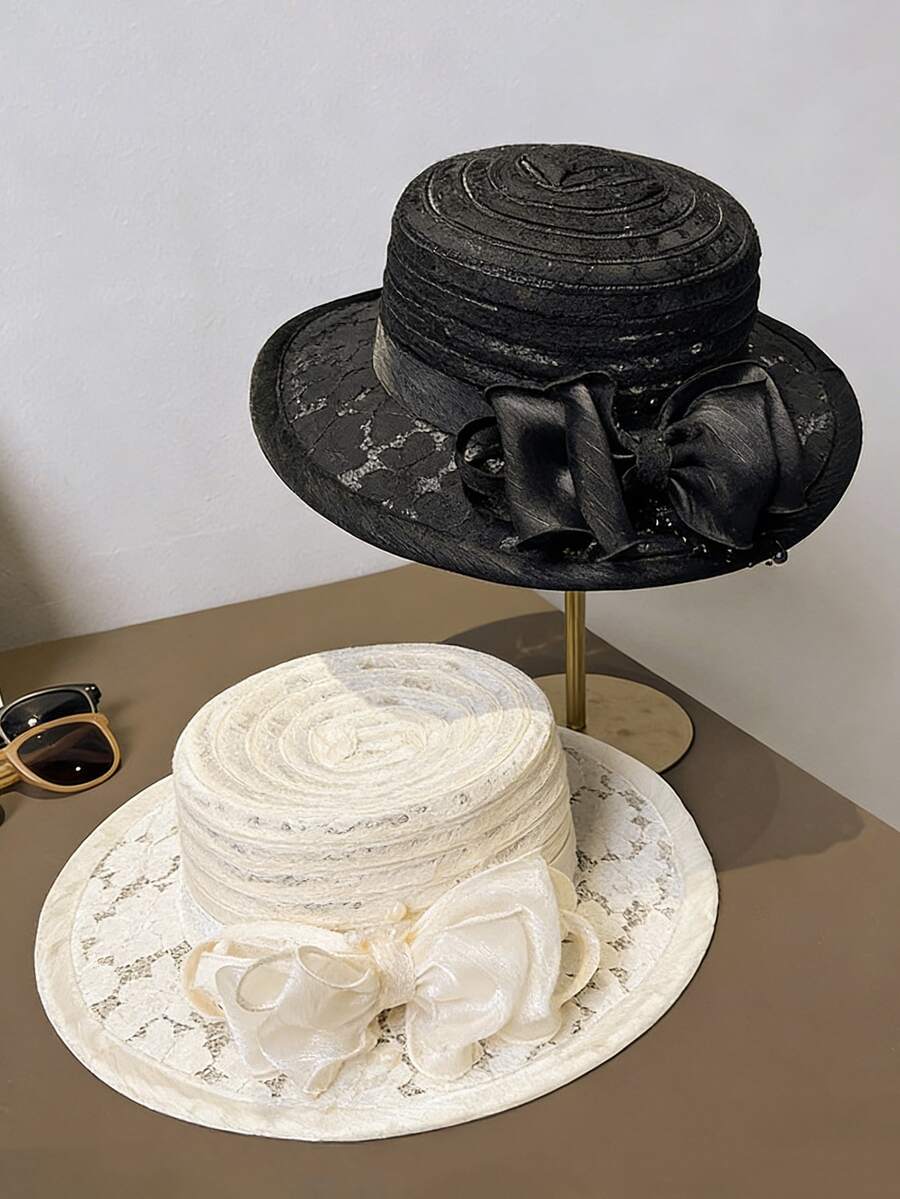 1pc Women's Elegant Church Hat, Suitable For Party, Street, And Work Occasions, Featuring Mesh Bow Flat Top Design, Floral Decor Summer Sun Hat, Ideal For Travel, Party, And Holiday,Beach,Vacation - A - View 1