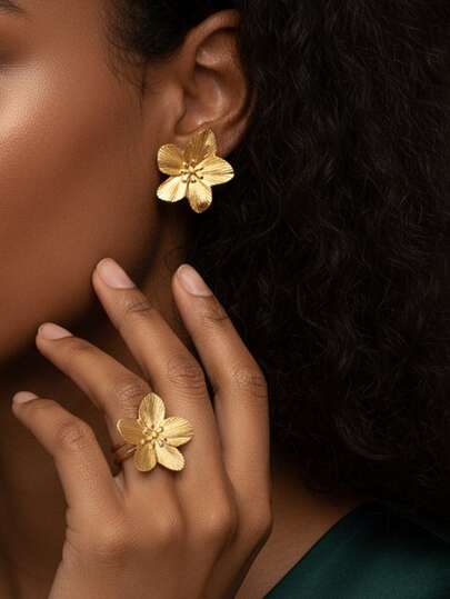 一套不锈钢首饰套装，女士款，3D立体花卉元素，复古风格，适合日常佩戴、约会、情人节礼物