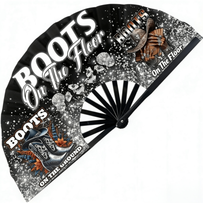 [Cowboy Boots Fan] Western Cowboy Boots Folding Fan - Boots On The Ground Design With Flames & Sparkles, Folding Desk Fan For Line Dancing, Country Western Parties, Birthday Gifts - Women's Decoration Accessory (Durable Plastic Construction), Party Decorations, Themed Party Item, Sturdy Construction, Gift Shoppers