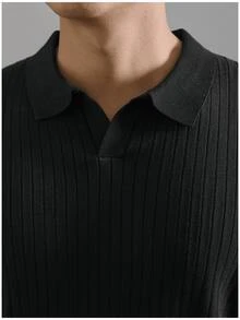 Suéter de punto con cuello polo de manga corta de estilo retro para hombre, nueva camiseta de verano de moda con cuello de aviador acanalado vertical negro de manga corta - Negro - Ver 5