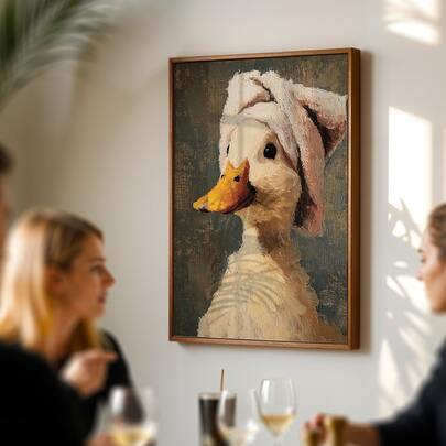Wall Art, Retro Poster, Unique And Playful Animal Art Print, Cute Canvas Painting Of A Duck Holding A Towel, Suitable For Living Room Decoration, Bedroom Aesthetic Design, Gift For Friends, Housewarming Gift, Frameless.