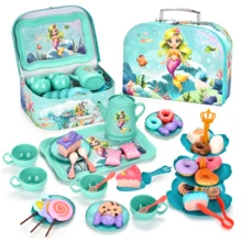 Toiyese 45-Piece Mermaid Theme Tea Set, Includes Iron Teapot And Storage Box, Suitable For 3-6 Year Old Children, Princess Kitchen Toy, Perfect Birthday Gift - Green - View 7