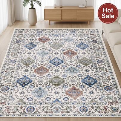 1 件装经典圆形图案地毯 – 米白色底，饰以多彩花卉和几何图案，1100 克/平方米厚重超柔软仿羊绒触感，防滑低绒地毯，适用于客厅、卧室和传统家居装饰 | 易于清洁且经久耐用