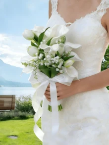 Bridal Bouquet Wedding Bridesmaid Bride Holding Flowers Calla Lily Bouquet Wedding Ceremony Anniversary Bridal Shower Rehearsal Festivals Party Table Centerpieces Flowers Arrangement Photography Props Decor - White - View 1