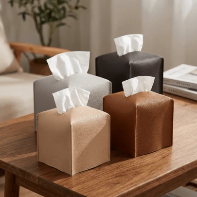 方形纸巾盒套，底部带束带 - 奢华PU皮革纸巾装饰收纳盒，适用于桌面、浴室、汽车、办公室、家居装饰、卧室装饰、厨房装饰、室内/室外装饰