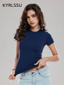 ZULIZ Áo thun nữ tay ngắn cổ tròn ôm sát KYRLSSU, kiểu dáng cơ bản, dáng ngắn. - Màu xanh hải quân - Xem 4