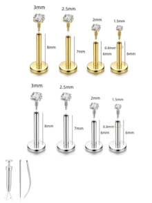 18G/20G螺纹平底鼻钉，镶嵌锆石，男女通用，低过敏性鼻环，鼻孔耳屏耳廓穿孔饰品，女士饰品礼品 - 如圖 - 查看 11