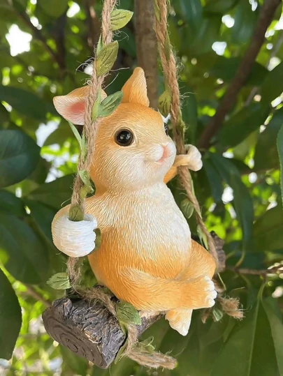 Tượng thỏ bằng nhựa resin treo trên cành cây, tượng thỏ đu dây và leo dây, thích hợp trang trí sân vườn và nhà cửa, hình thỏ (màu nâu)