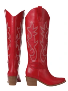 Women's Solid Color Stylish Fall Boots, Easy Comfy Pull On Embroidered Chunky Heel Knee High Boots, Point Toe Western Cowboy Heeled Boots For Woman - Đỏ - Xem 5