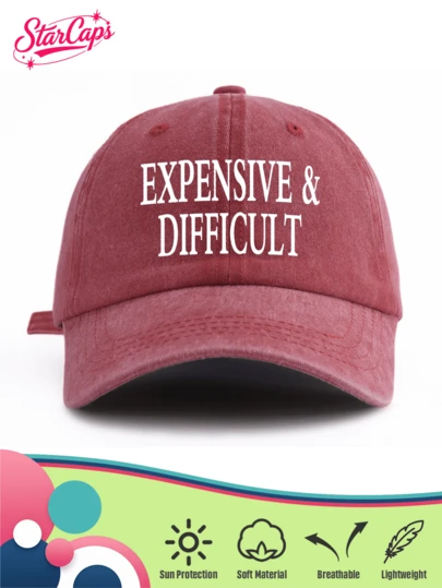 1顶男女通用水洗复古棒球帽 - “EXPENSIVE & DIFFICULT”标语字母印花 - 多种复古颜色可选 - 可调节低帽檐做旧老爹帽，适合日常休闲穿着