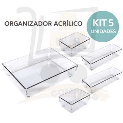 Kit 5 Organizador Acrilico Transparente Multiuso Modular Banheiro Geladeira Gaveta Escritorio Maquiagem