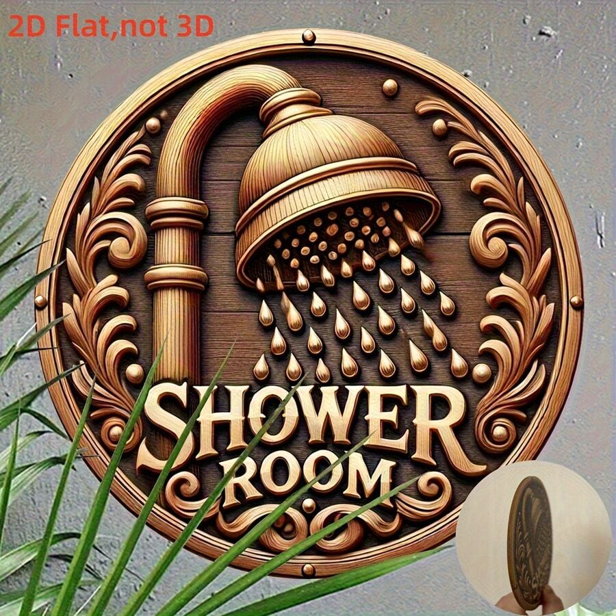 2D Flat, 1pc Vintage Shower Sign - Round Iron Plate With Gold Faucet And Water Drop Design, Iron Wall Decor, Suitable For Bathroom, Home, Door, Wreath - No Electricity Required, Home Theme Art Decoration, Bathroom Wall Decor, Elegant Layout, 2D Flat, Pre-Drilled Holes, Style As Shown In Dimension Diagram - Multicolor - View 1