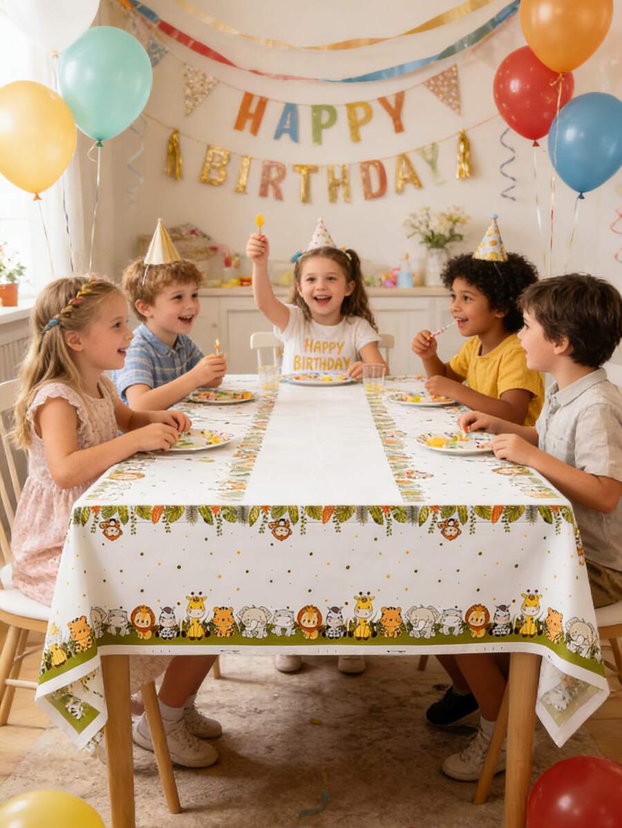 1pc Animal Pattern Plastic Tablecloth, Waterproof And Oil-Proof, Suitable For Children's Birthday Parties, Baby Showers, And Jungle-Themed Events - Multicolor - View 1
