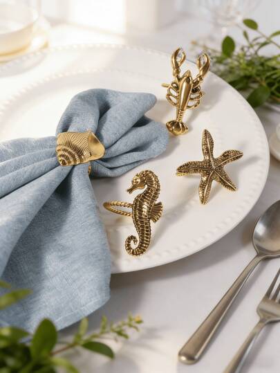 4개 빈티지 골드 조개, 불가사리, 해마, 랍스터 혼합 오션 시리즈 냅킨 링, 테이블 장식