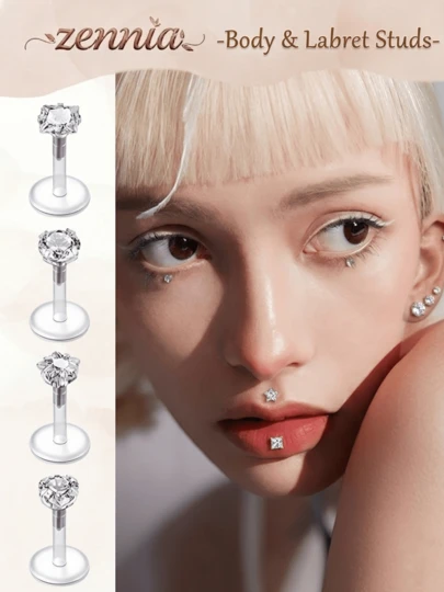 4件套 16号优雅唇环饰品 女士唇环、鼻环、鼻钉、透明鼻钉 L型鼻钉饰品 透明立方氧化锆圆形心形方形仿钻耳环 唇钉 穿孔固定器 母亲节礼物 日常装饰 6毫米 8毫米 10毫米