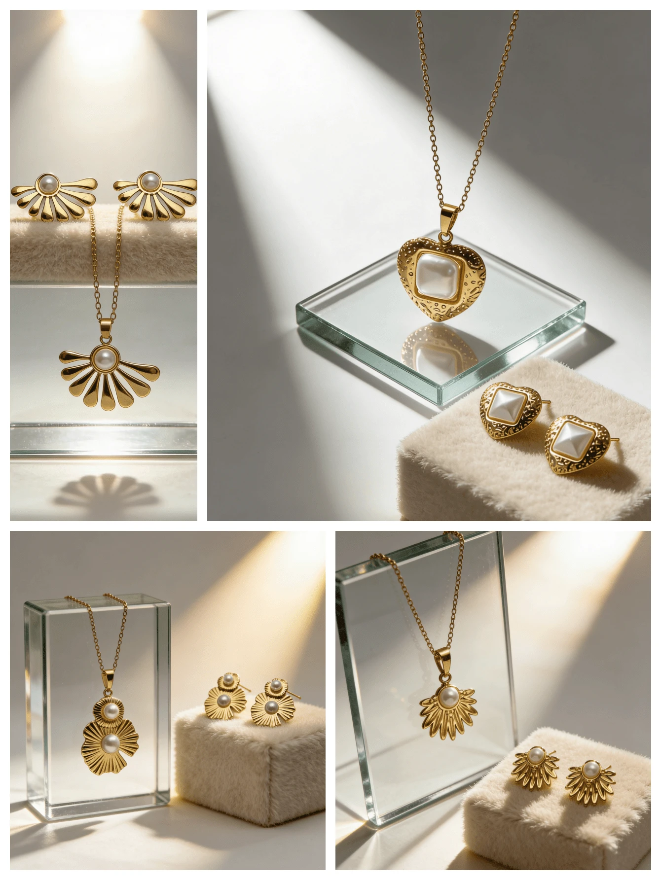 Bộ 3 món dây chuyền và bông tai thời trang nữ bằng vàng 18K, thép không gỉ, ngọc trai sinh học. Hình trái tim. Bông tai nữ thanh lịch thích hợp để đeo hàng ngày, dự lễ hội, tiệc tùng, đi làm, làm quà tặng Ngày của Mẹ và Lễ Phục Sinh. - Vàng - Xem 1