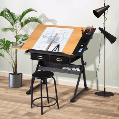 Butterslay Drafting Table & Stool Set, Multifunctional Drawing Desk With Height & Angle Adjustment, Adjustable Workstation Table With Retractable Side Board, Storage Drawers, Open Shelf, Drawing Table For Art Studio, Study, Office, Black/White/Wood