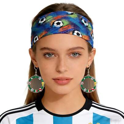 Set de diadema elástica con estampado de fútbol mundial, con múltiples patrones de impresión de fútbol combinados con pendientes de fútbol a juego, adecuado para eventos deportivos, fiestas de visualización, accesorios de fans y celebraciones temáticas. Hecho de tela transpirable.