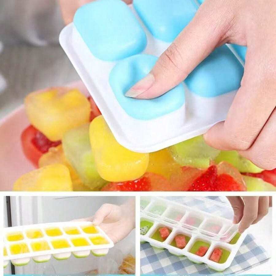 1個夏季廚房用品食物容器，附蓋矽膠冰塊盤，冰塊模具，冰桶，易脫模自製冰塊製造機矽膠模具，多功能方形冰塊製造機DIY冰塊製造機，必備廚房小工具 - 彩色 - 查看 1