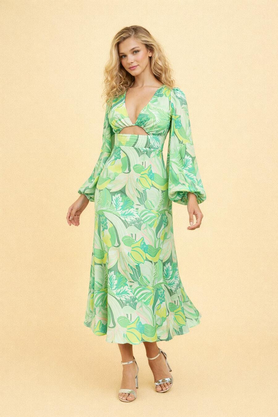 Women's Printed Maxi Dress With Deep Neckline, Underbust Cutout, Long Puff Sleeves And High Waist – Elegant Dress For Holidays, Dates, Dinner And Garden Parties - 青檸色 - 查看 1