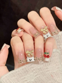 10pcs Short Handmade Nails, Suitable For Parties And Daily Wear, "Sweet Cherry Leopard" Cherry Bow Leopard Design, Easy To Wear. 10pcs Y2K Style Handmade Nails, Suitable For Girls And Women's Holiday Parties, Music Festivals And Daily Wear, Valentine's Day And Mother's Day Gifts. - White - View 4