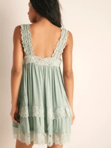 Women Tank Mini Dress Casual Summer Lace Patchwork Square Neck Party Dress For Beach Club Streetwear - 綠色 - 查看 4