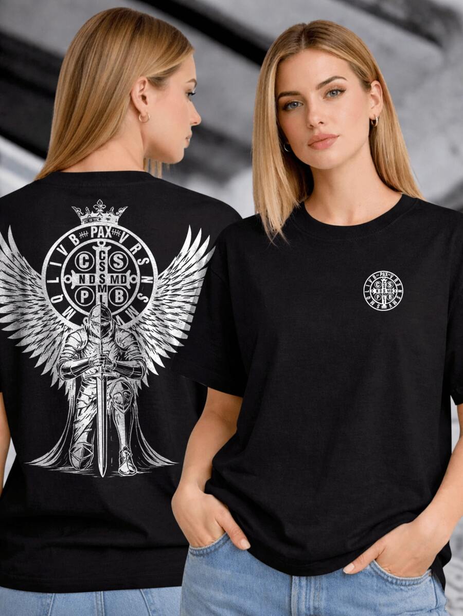 Women's Christian T-Shirt With Saint Benedict Knight Medal, Prayer For Protection. Plus Size Available. - 黑色 - 查看 1