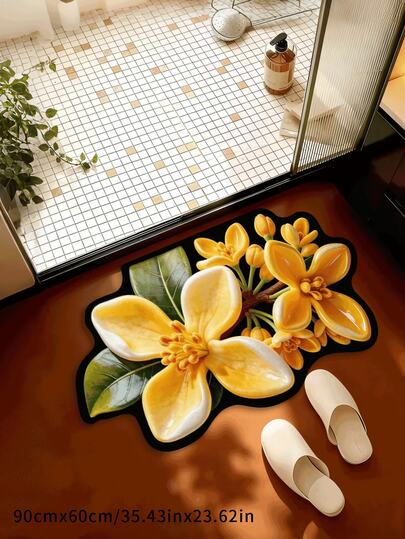 1件装海棠花造型装饰地毯/浴室垫，清新自然风格，适用于浴室、门厅等场所；是不可或缺的家居装饰品。易于清洁，是提升自然氛围的热门软装之选。3D浮雕工艺再现花瓣饱满的质感和细节，粉色花朵和绿色叶片营造出春日气息，黑色轮廓线强化了视觉线条，不对称的花朵造型契合空间布局，与木地板和浴室瓷砖相得益彰，打造清新优雅的风格。