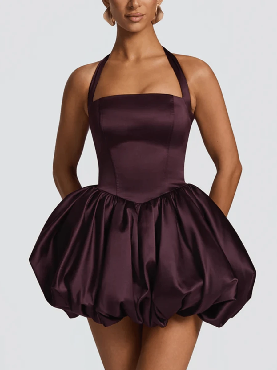 Women Sleeveless Halter Dress Summer Casual Tie Up Backless Corset Bubble Party Dress For Beach Club Streetwear - 棕色 - 查看 1