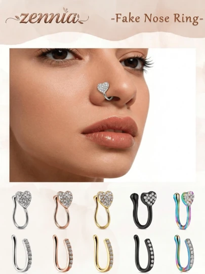 1 chiếc khuyên mũi giả thanh lịch dành cho nữ, khuyên mũi giả hình trái tim chữ U đính đá CZ màu vàng, bạc, đen, cầu vồng, vàng hồng, kiểu kẹp mũi không cần xỏ lỗ, trang sức dành cho Ngày của Mẹ hoặc để trang trí hàng ngày.