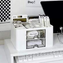 1pc Large Capacity Pen Holder Desk Organizer Box With 2 Drawers, Office Desk Storage Box, Vanity Tray, Desk Top Storage Box - Multicolor - View 6