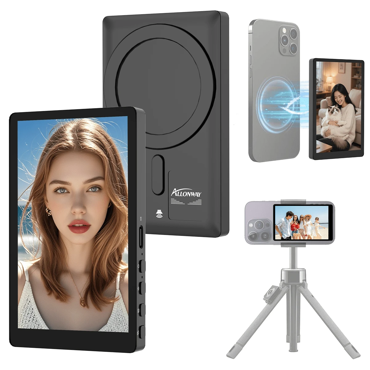 防缠绕磁吸手机Vlog自拍监视器，高清显示屏，可充电3.6V双电源（电池/USB），兼容iOS和安卓手机，带遥控器，无线后置摄像头监视器，适用于直播内容创作、自拍视频录制，春季礼物、周年纪念礼物