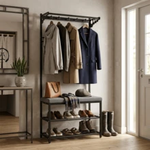 Lislark Heavy-Duty Multi-Functional Metal Shoe Rack With Coat Hanger, Shoe Storage Bench,  Freestanding Clothes Rack With 5 Hooks Suitable For Entryway, Hallway, Small Spaces - Easy To Assemble - Black - View 7
