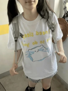 2026夏季新款休闲宽松可爱猫咪英文字母印花圆领甜美萌系动漫学生学院风短袖T恤，1件 白色 - 白色 - 查看 3