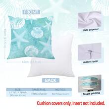 MEMNUN 4件套夏季蓝绿色海星、贝壳、水母、珊瑚印花枕套【不含枕芯】，尺寸：17.7*17.7英寸（45*45厘米）/19.69*19.69英寸（50*50厘米）/15.75*15.75英寸（40*40厘米），【单面印花】，涤纶材质，清新海洋风装饰抱枕套，适用于沙发、床、客厅、卧室、汽车、办公室、酒店等场所，四季皆宜，是馈赠亲朋好友的完美礼物。 - 彩色 - 查看 3