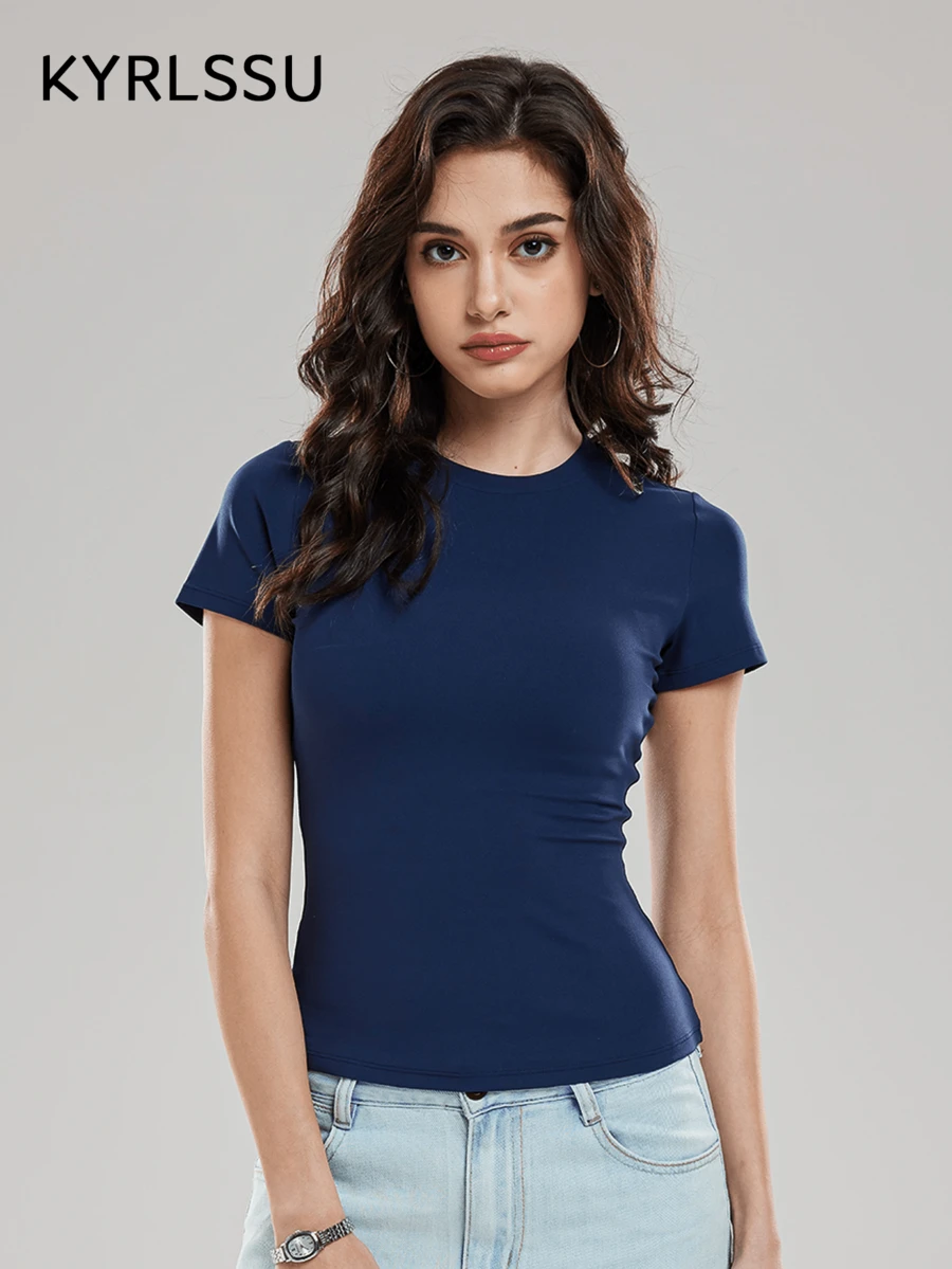 ZULIZ Áo thun nữ tay ngắn cổ tròn ôm sát KYRLSSU, kiểu dáng cơ bản, dáng ngắn. - Màu xanh hải quân - Xem 1