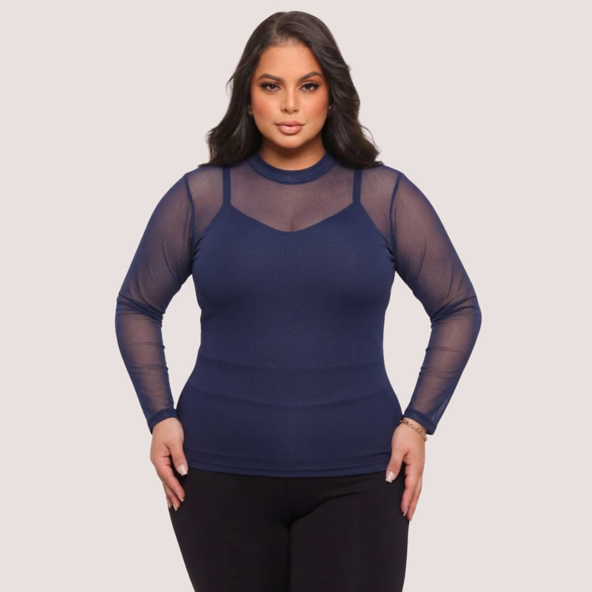 Women's Long-Sleeved Transparent Tulle Blouse - Versatile - Azul Marino - Ver 1