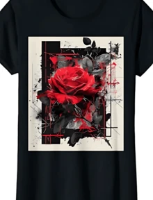 Rose Drawing Art Flower Abstract Painting Motif Rose T-Shirt - 黑色 - 查看 1
