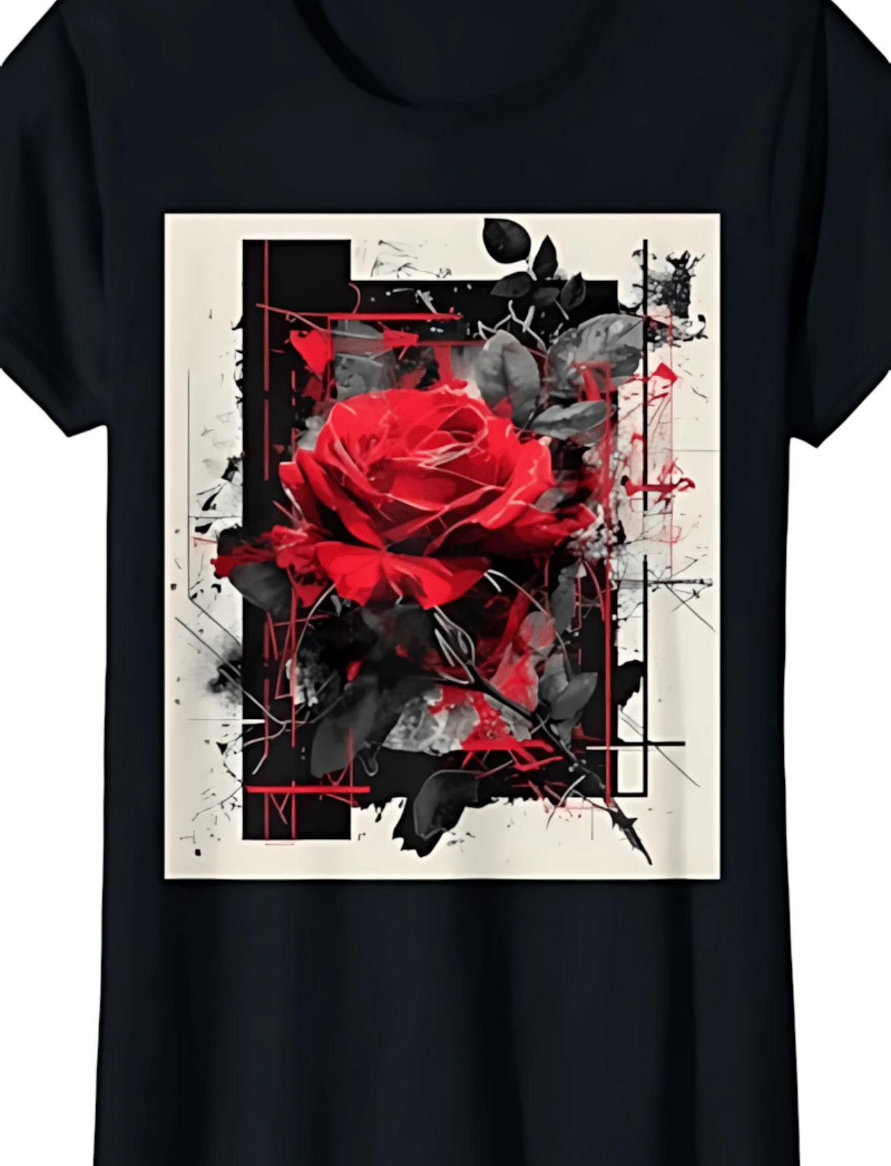 Rose Drawing Art Flower Abstract Painting Motif Rose T-Shirt - 黑色 - 查看 1