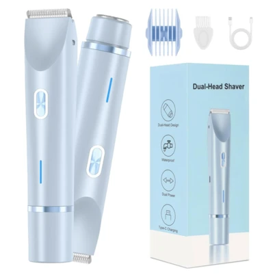 2 In 1 Electric Shaver Dual Head Bikini Trimmer For Women IPX7 Waterproof Wet & Dry Use Body Hair Trimmer And Facial Hair Remover For Bikini Underarm Leg Arm Body Face