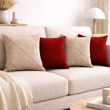 Set Of 4 Suede Draped Cushion Covers 45x45 With Invisible Zipper - 2 Marsala + 2 Beige - View 2