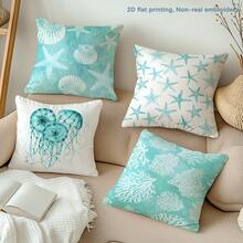 MEMNUN 4件套夏季蓝绿色海星、贝壳、水母、珊瑚印花枕套【不含枕芯】，尺寸：17.7*17.7英寸（45*45厘米）/19.69*19.69英寸（50*50厘米）/15.75*15.75英寸（40*40厘米），【单面印花】，涤纶材质，清新海洋风装饰抱枕套，适用于沙发、床、客厅、卧室、汽车、办公室、酒店等场所，四季皆宜，是馈赠亲朋好友的完美礼物。 - 彩色 - 查看 2